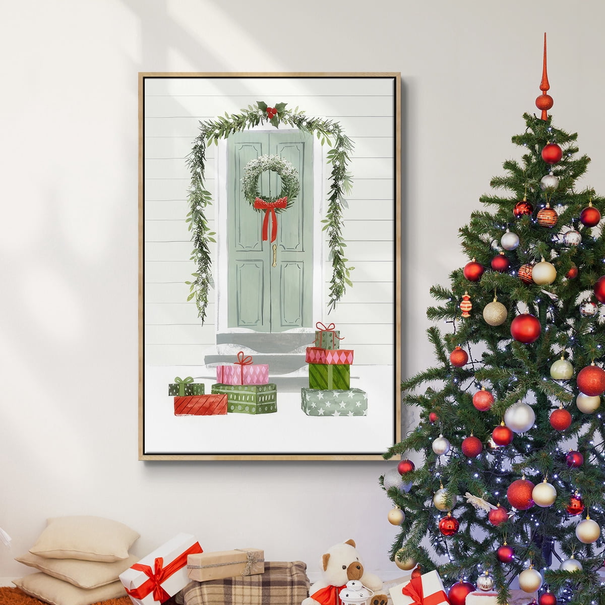 Festive Front Door Collection B - Framed Gallery Wrapped Holiday Canvas - 17 x 25 - Natural Wood Frame