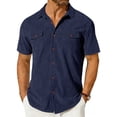 thumbnail image 2 of LTTVQM Men's Corduroy Button Down Shirts Casual Short Sleeve Shacket Jacket Solid Striped Shirt Tops with Pockets Navy L, 2 of 5
