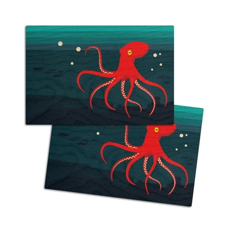 

Red Octopus Vector Style (4x6 Birch Wood Postcards 2-Pack Stationary Rustic Home Wall Decor)
