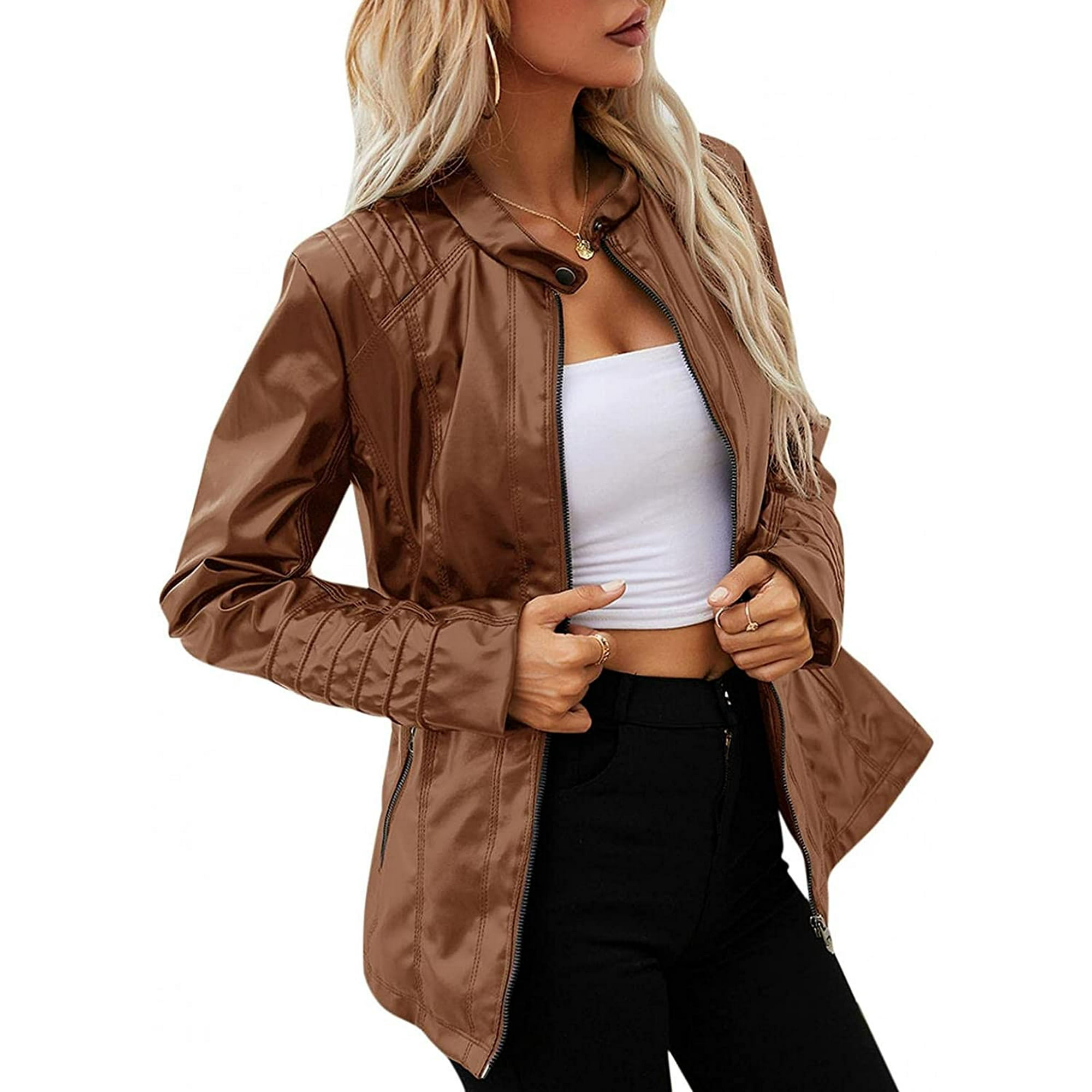 WEIS Women's Faux Leather Jackets Zip Up Basic Motorcycle Short PU