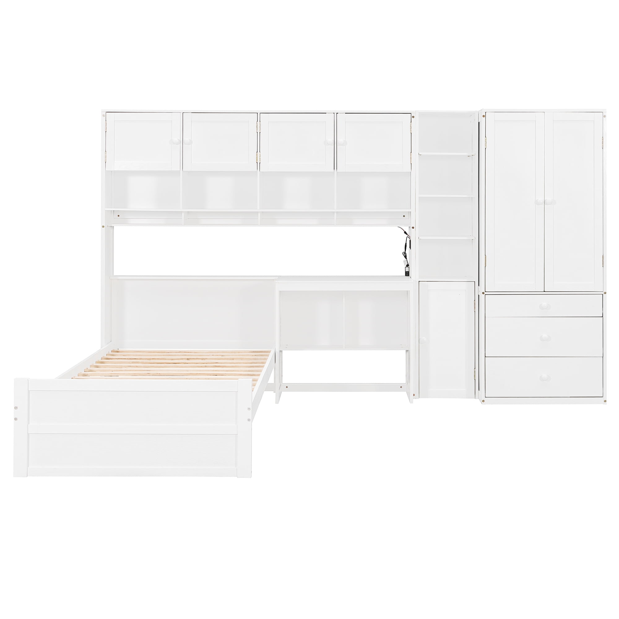 Mintazer Twin Platform Bed with Desk & Wardrobe, Wooden Bed with Cabinets & Shelves Storage and 3 Drawers for Bedroom Playroom Guest Room, White