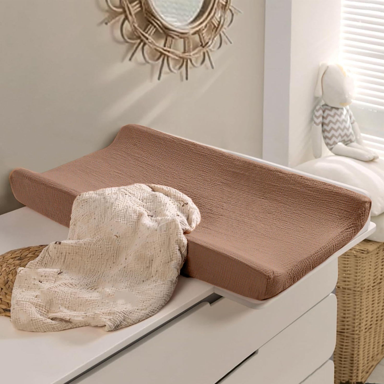 LAZIOEGR 2-Pack Washable Diaper Changing Pad Covers, Oatmeal Light Brown, Full Wrap, Machine Washable, Fits Standard Pads, Soft & Durable