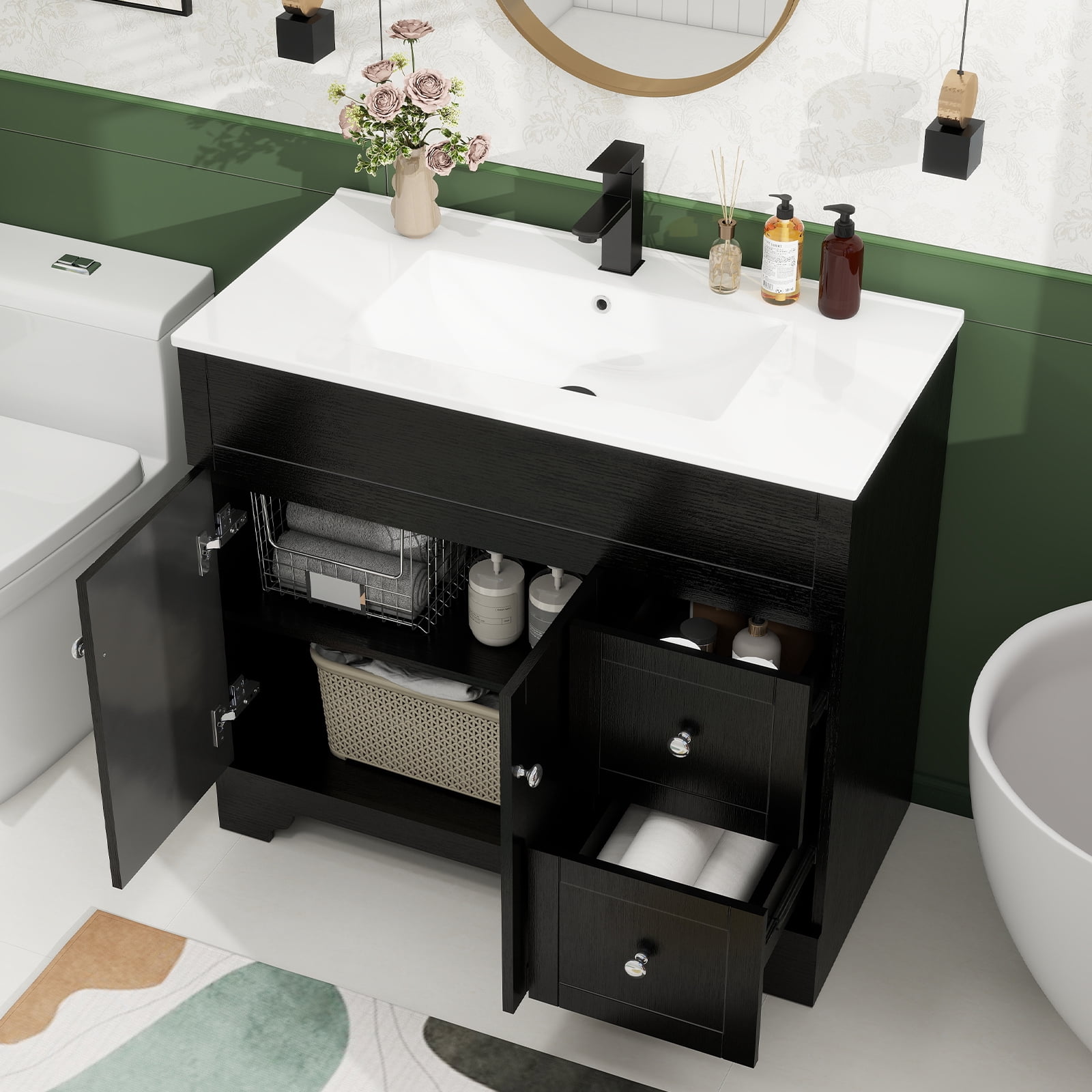 PULUOMIS 36" Bathroom Vanity with Sink Combo, Modern Bathroom Storage Vanities Set with 2 Drawers and 1 Soft Closing Door, Ceramic Undermount Sink, Without Faucet, Black