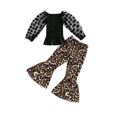 

Suanret Fashion Little Girls Summer Clothes 2pcs Polka Dot Mesh Puff Sleeve T Shirts+Leopard Print Flare Pants Sets Black 2-3 Years