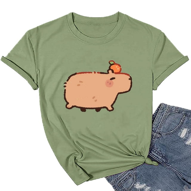 WILLBEST T-Shirts pour Dames T-Shirt Graphique Capybara Selfie Mignon Imprimé Dessin Animé Couleur