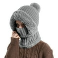 thumbnail image 3 of Women's 3-in-1 Knit Balaclava Hood, Fleece Lined Winter Hat with Neck Warmer and Face Cover, Pom Pom Beanie with Faux Fur Brim for Cold Weather - Grey, 3 of 8