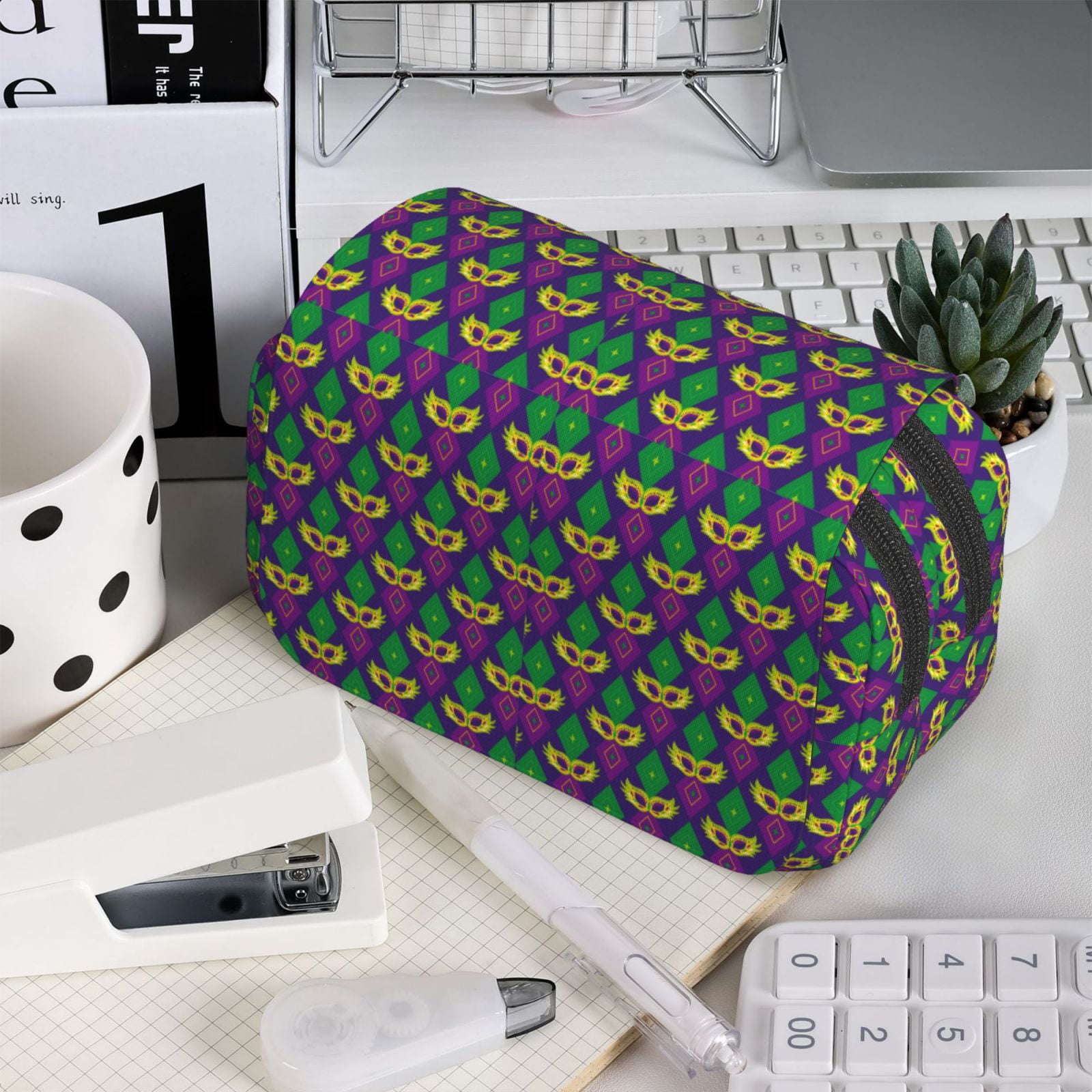 Rateoe Mardi Gras Carnival3 Pattern Double Clamshell Pen Case, Storage Organizer with Two Zipper Compartments– Holds Up to 50 Pencils & Pens