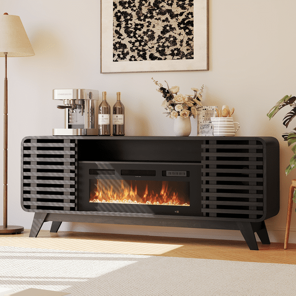 LazySunsets Mid Century Modern Fireplace TV Stand with 36 Inch Electric Fireplace LED Lights Fits TVs up to 80 Inch Wood Media Console with Slatted Sliding Doors for Living Room,Black
