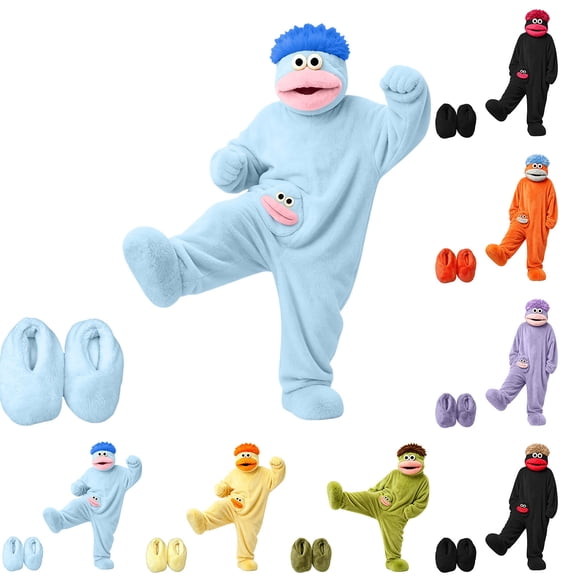 Faraee Kids Adults Funny Big Mouth Monster Footed Onesie Soft Plush Cartoon Jumpsuit with Shoes Silly Fleece Hooded Halloween Outfit