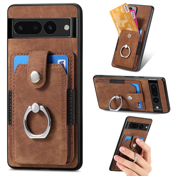 Compatible with Google Pixel 7 Pro Case Wallet with Card Holder, 360°Rotation Finger Ring Holder Kickstand Protective Premium PU Leather Back Flip Magnetic Clasp Shockproof Cover,Brown