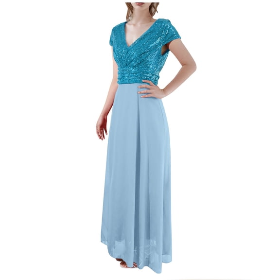 Evening Gowns for Women Formal Midi Dresses Womens Summer V-Neck Sequined Chiffon Panel Evening Gown Elegant Evening Dress Fashion Party Bridesmaid Gown
