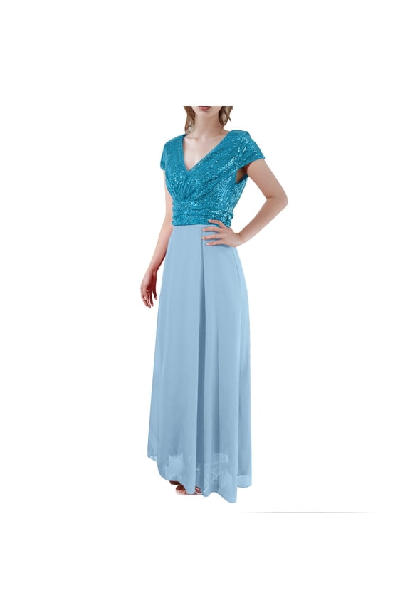 Evening Gowns for Women Formal Midi Dresses Womens Summer V-Neck Sequined Chiffon Panel Evening Gown Elegant Evening Dress Fashion Party Bridesmaid Gown