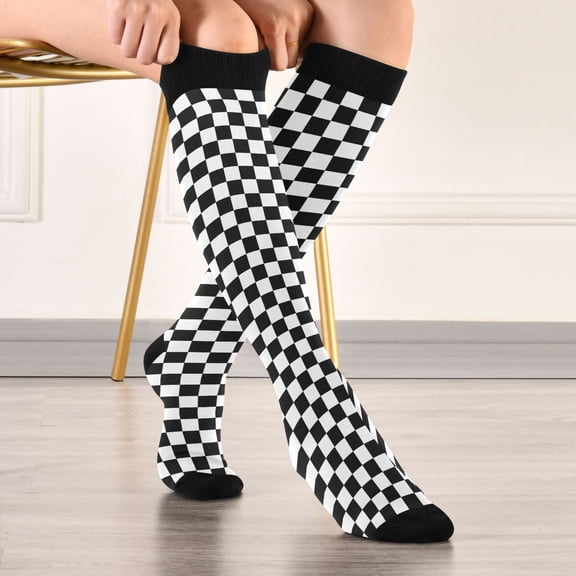 Black-white Plaid Compression Stockings Knee High Socks Unisex 1 Pair