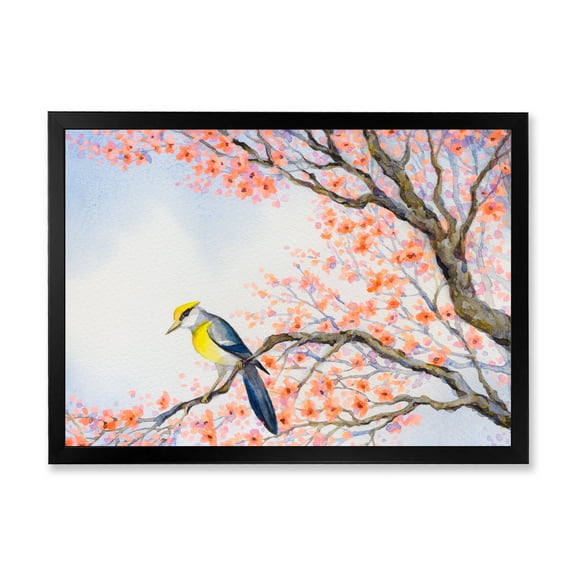 Beautiful Blue Bird Sitting On Flowering Branch I 40 in x 30 in Framed Painting Canvas Art Print, by Designart