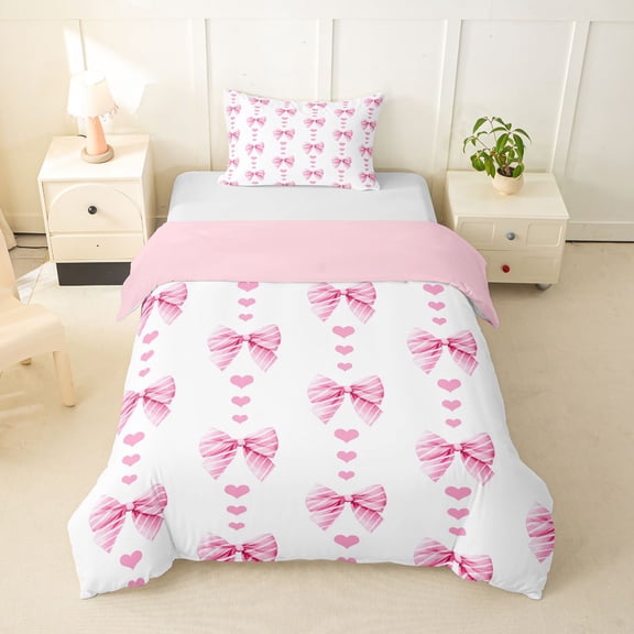 Erosebridal Pink Stripes Bow Tie Twin Bedding For Kids Girls,Kawaii Love Heart Print Duvet Cover Set,Pink Reversible,2pcs,No Comforter