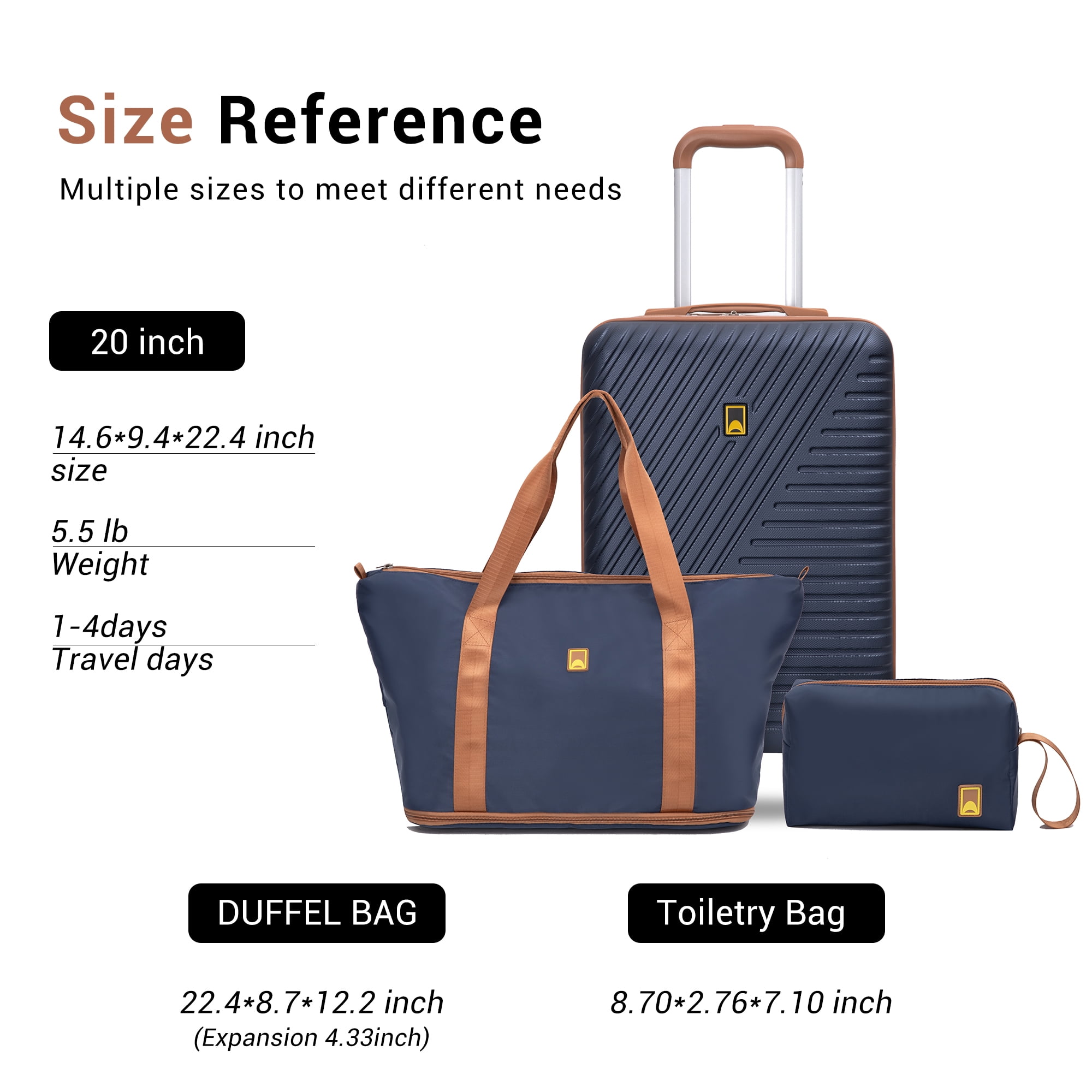 3 Piece Carry on Luggage Sets, Hardside Suitcase Set with Double Spinner Wheels, Expandable Travel Bag and Toiletry Bag, Blue
