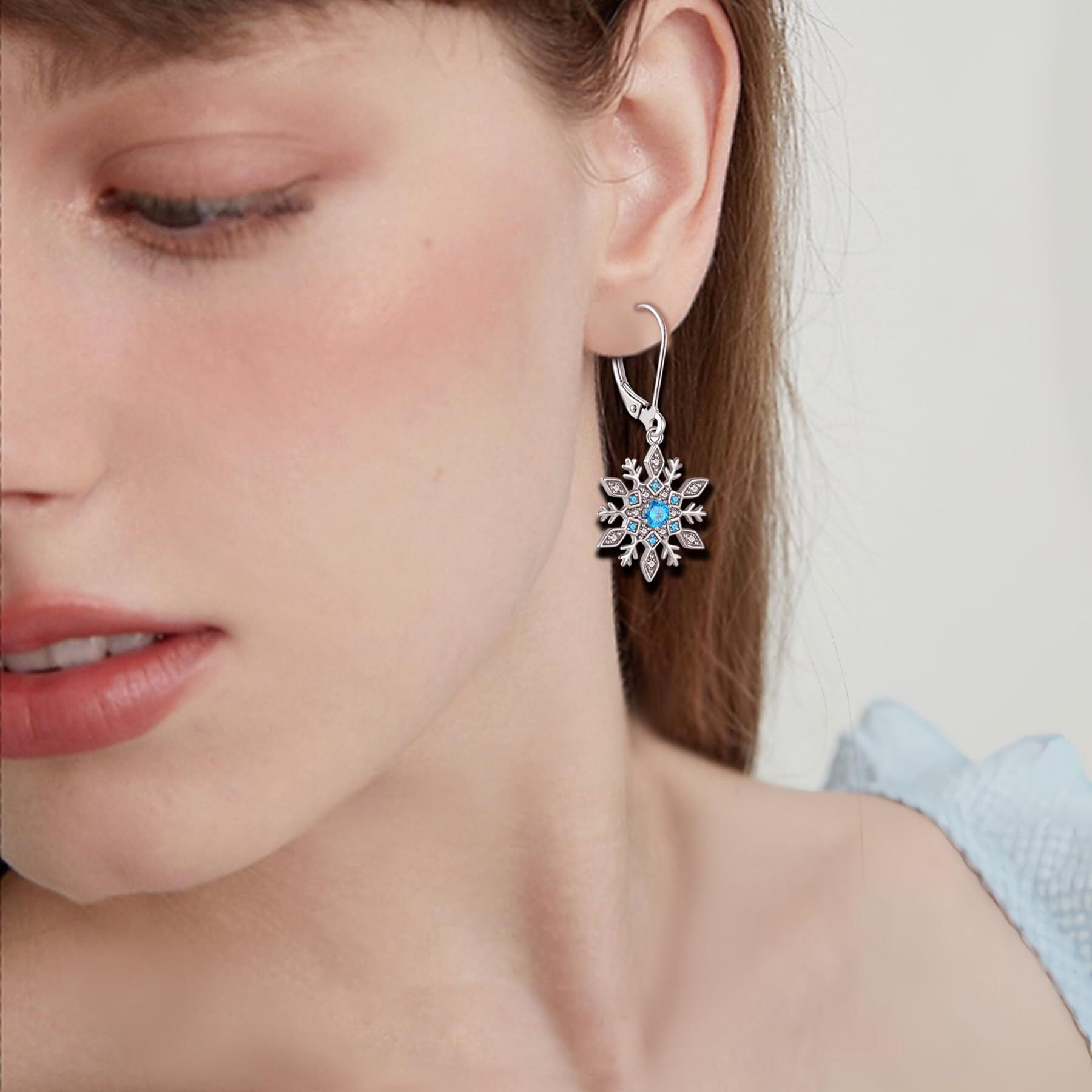 Inpasne Snowflake Earrings for Women 925 Sterling Silver Leverback Earrings Aquamarine Dangle Drop Earrings Christmas Gift for Her Mom
