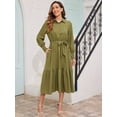 thumbnail image 3 of Frontwalk Fall Dresses For Women 2024 Lapel Neck Button Long Sleeve Dress Belted A-Line Flowy Rufflee Maxi Shirt Dress Casual Long Sundress Army Green XXL, 3 of 9