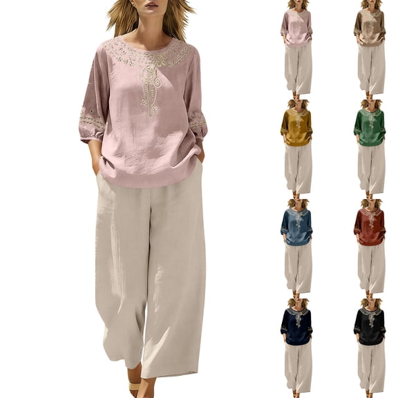 Women's 2 Piece Boho Outfits Crew Neck 3/4 Sleeve Embroidery Tops Wide Leg Pants Summer Casual Stylish Sets (XL, Pink)