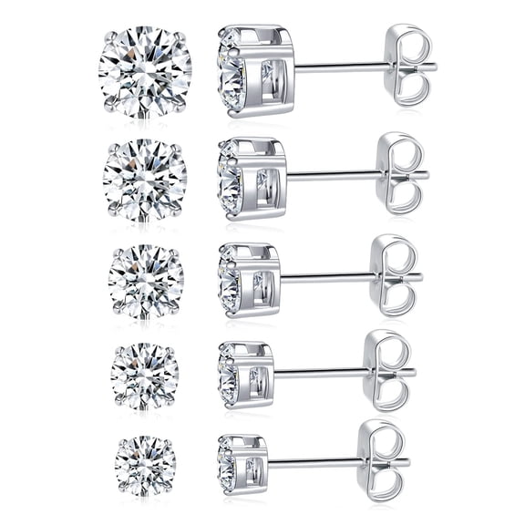 Titanium Stud Earrings Set Hypoallergenic Cubic Zirconia Round CZ Surgical Stainless Steel 4 Prong Stud Earring for Women and Men 3-7mm Pack of 5