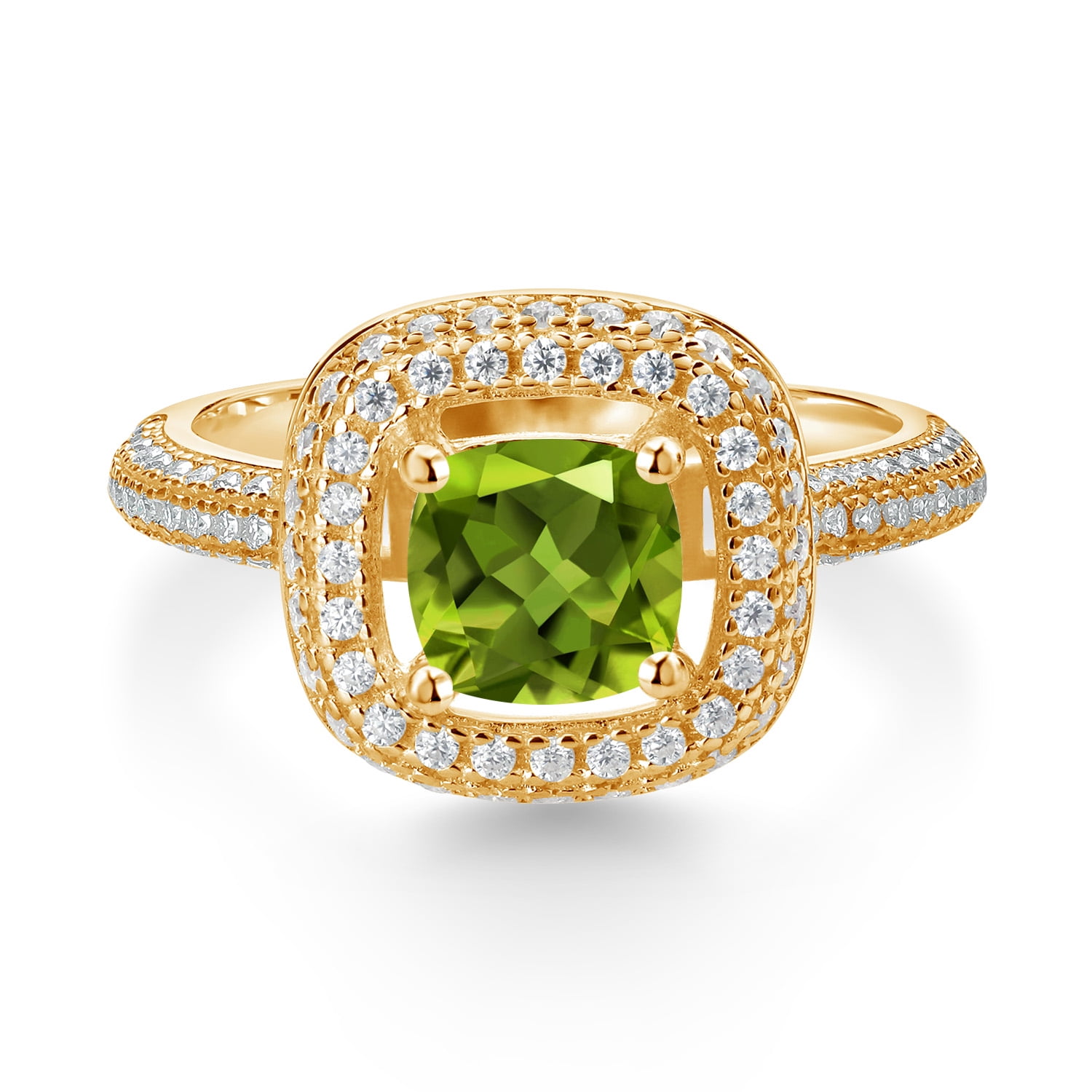Gem Stone King 18K Yellow Gold Plated Silver Green Peridot and White Moissanite Engagement Ring for Women (1.48 Cttw, Cushion 6MM, Gemstone August Birthstone, Size 7)