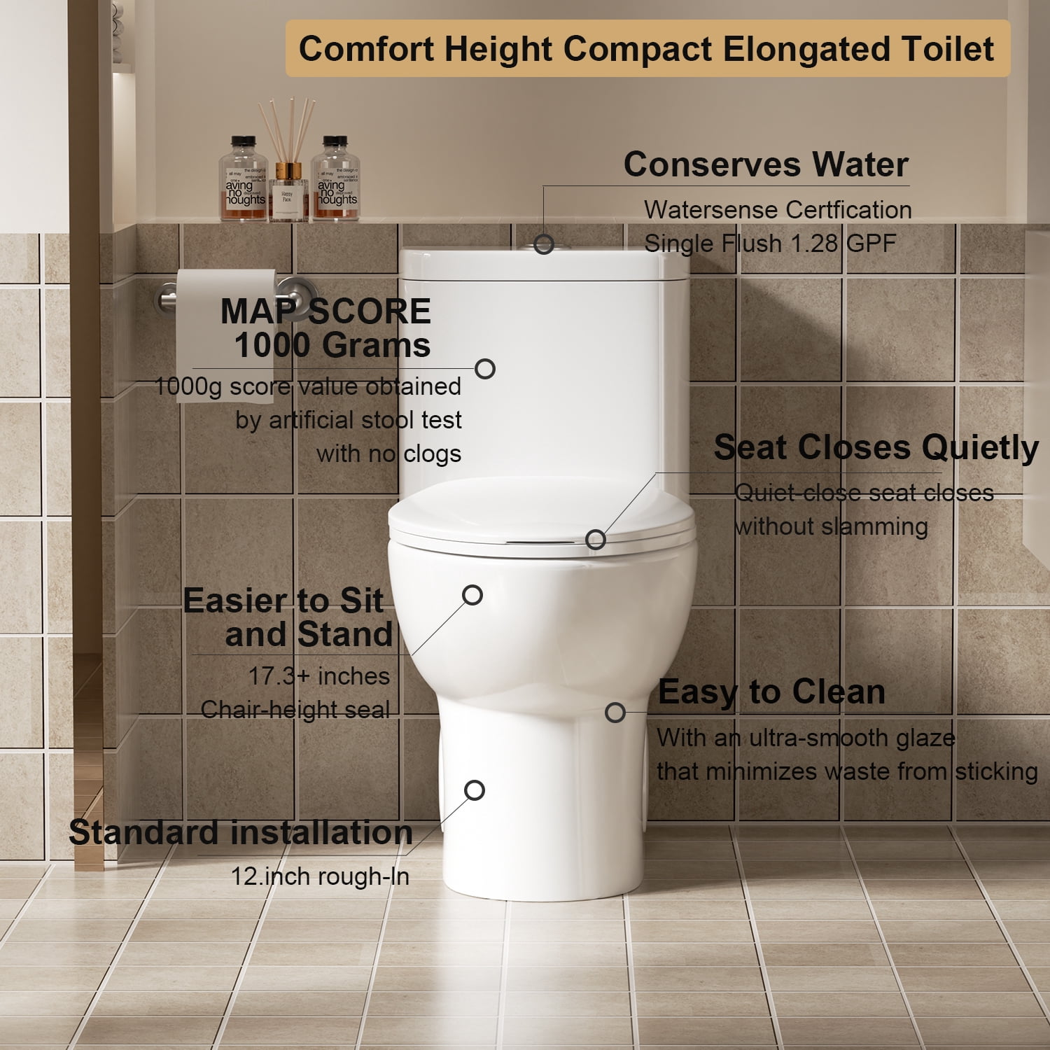 Alvantor One-Piece Toilet, Modern 1.1/1.6 GPF Dual Flush Toilet ADA Height 17" Rimless Bowl with Soft Closing Seat White