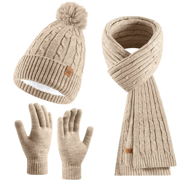 IDALL Womens Winter Warm Knit Beanie Hat Touchscreen Gloves Long Neck Scarf Set with Fleece Lined Skull Caps Gifts for Women Beige One Size