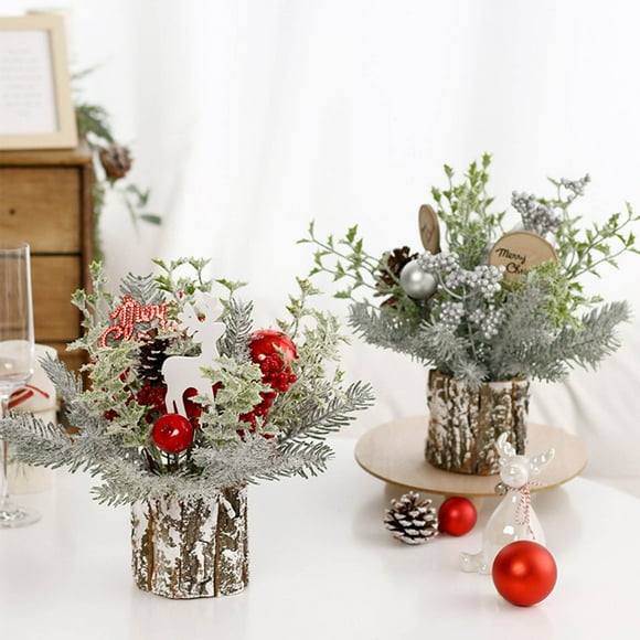 TopLLC Small Tabletop Christmas Tree, Christmas Decorations 11.8 inch Artificial Frosted Pine Needle with Silver Holly Berries, Winter Holiday Potted Plant Decor Table Centerpiece for Home Party