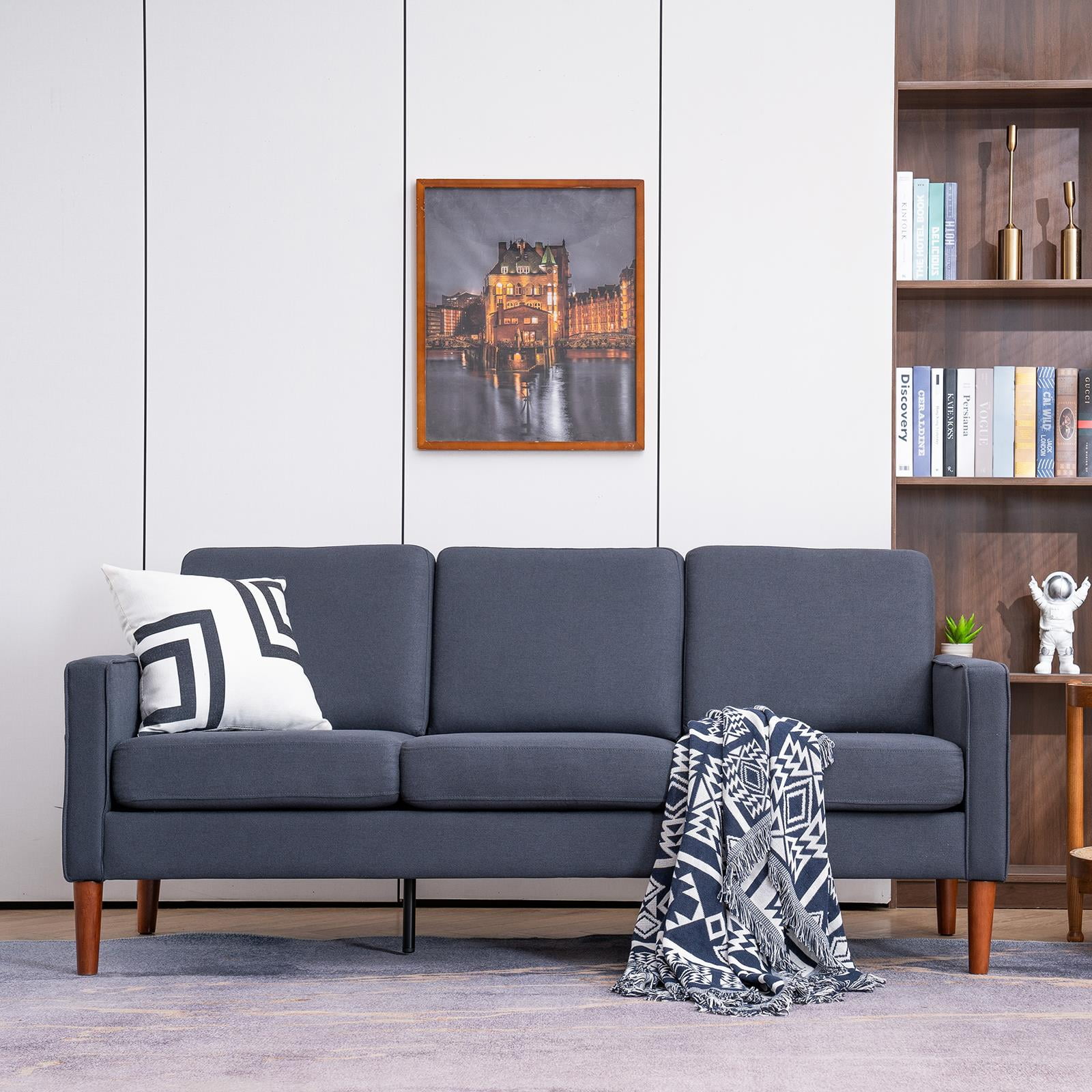 Ktaxon 3 Seat Couch Mid Century Fabric Sofa with Wood Legs, Comfortable Sofa Couch for Small Apartment Living Room Bedroom Dark Grey