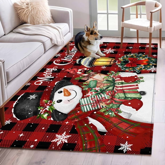 Red Plaid Christmas Area Rug 3x5 Washable Rug Non Slip Snowman Gifts Xmas Snowflake Winter Large Area Rug Indoor Floor Carpet for Entryway Bedroom Kitchen Living Room Home Office Dining Room Nursery