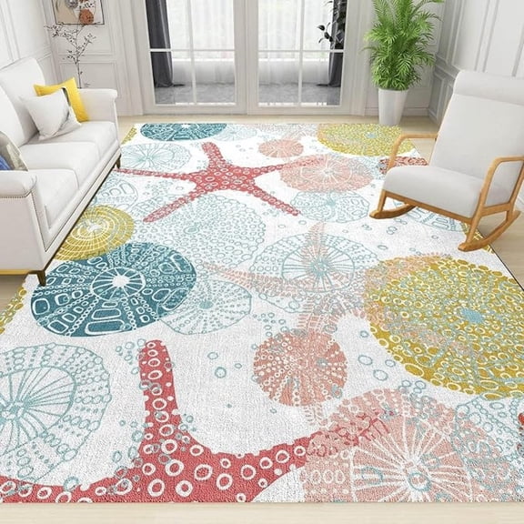 Colorful Coastal Beach Starfish Area Rug, Contemporary Ocean Print Carpet, Indoor Non-Slip Kids Rugs, Machine Washable Breathable Durable Carpet For Front Entrance Floor Decor 4x5ft