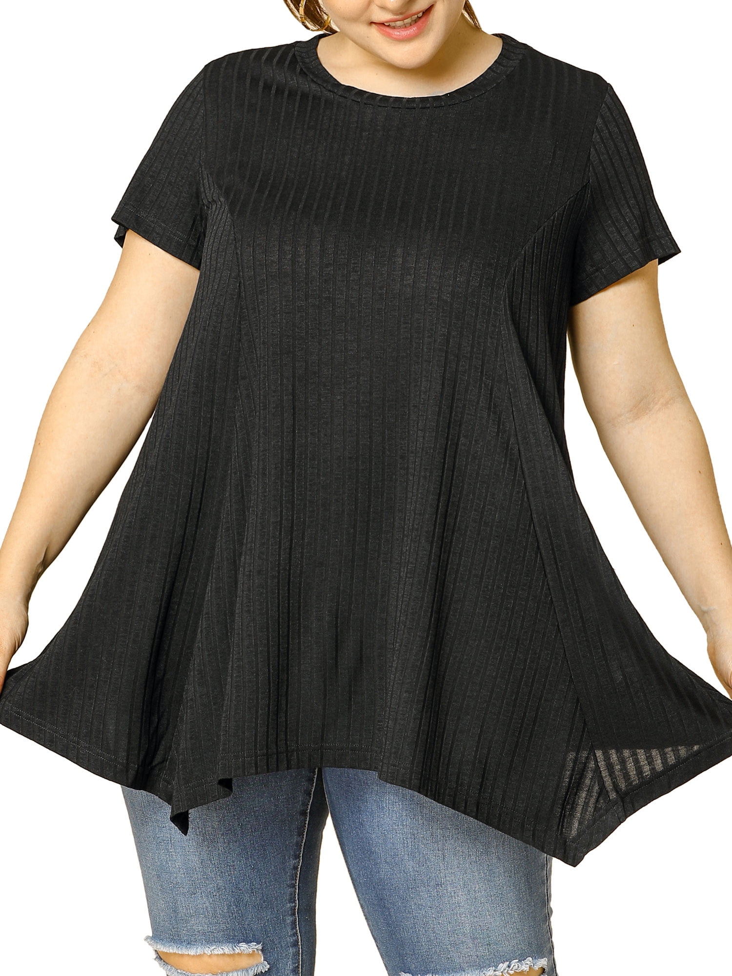 DARING DIVA Women's Plus Crew Neck Flowy Swing Loose Tunic Tops 2X Black