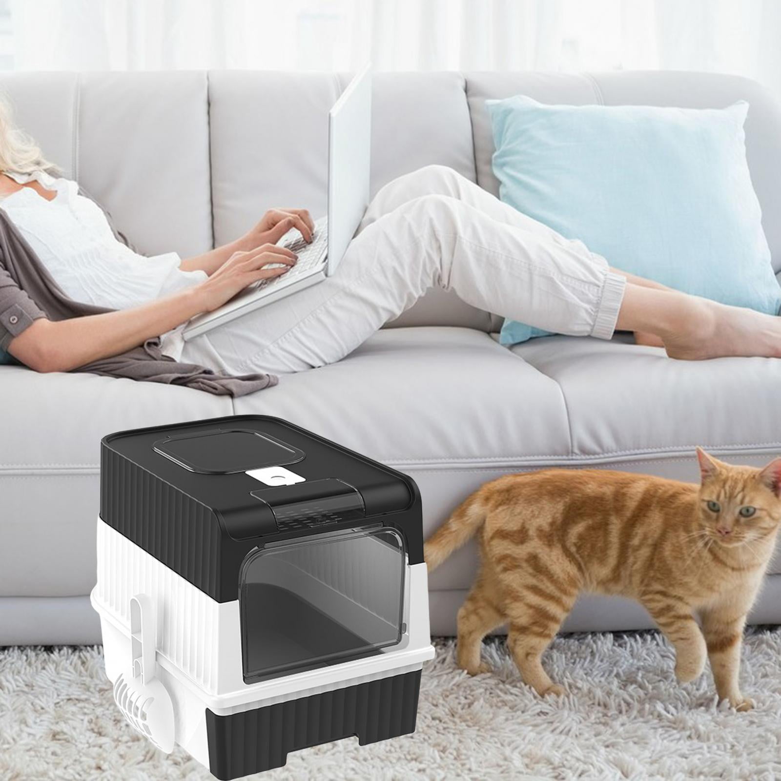 Large Foldable Cat with Lid, Fully Enclosed Cat Toilet Cat Litter Tray Bedpan Easy to Clean Detachable Cat Potty Kitty Black