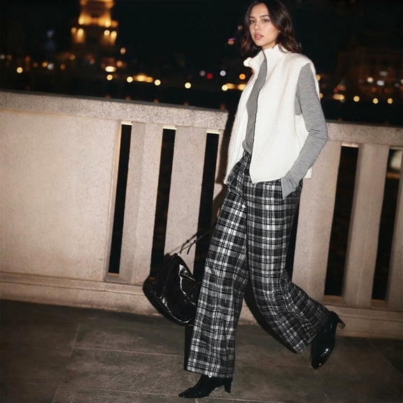 Juslio Women Pants Casual Loose Plaid Comfortable High Waist with Pockets Wide-Leg Pants