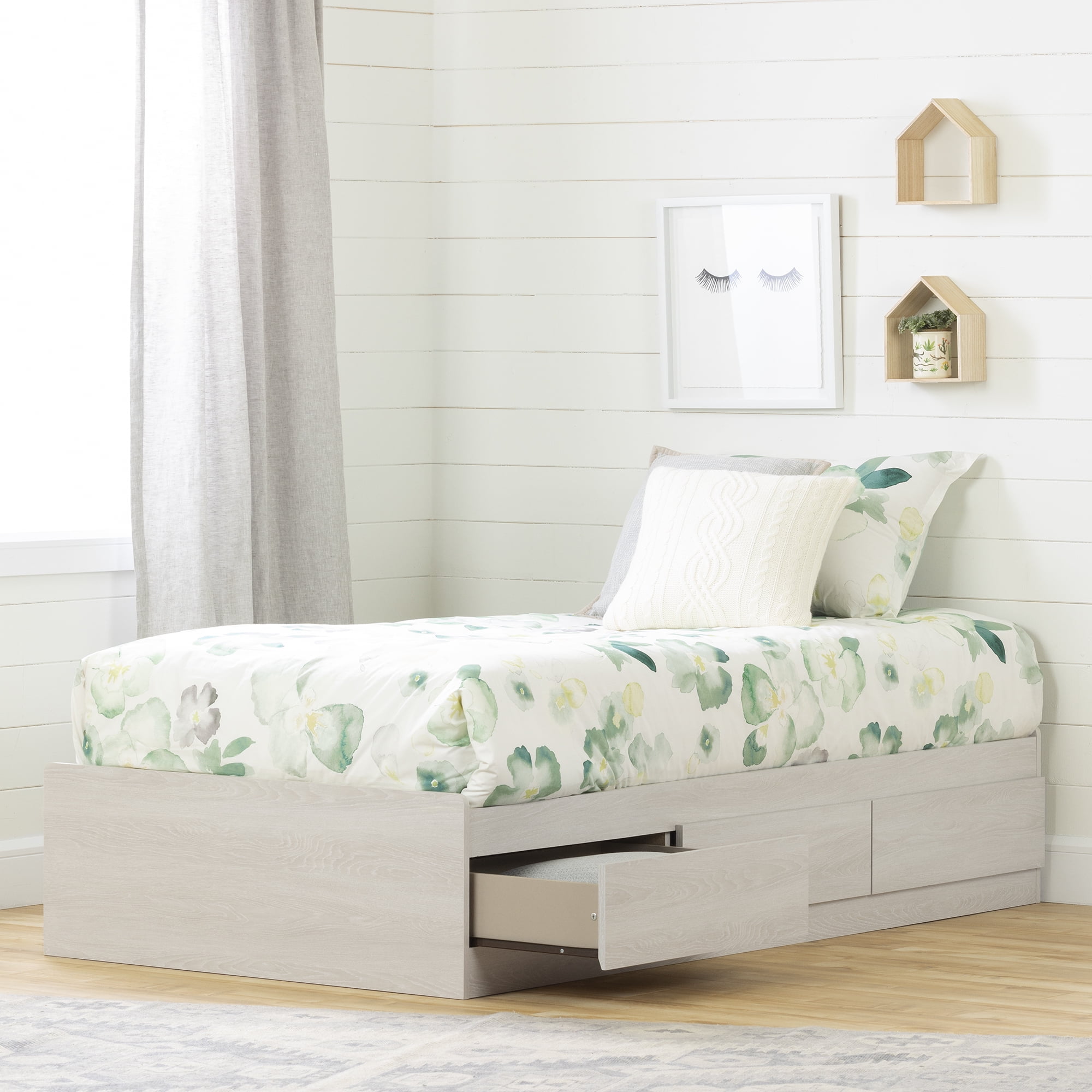 South Shore Fynn Twin Mates Bed with 3 Drawers, in Winter Oak