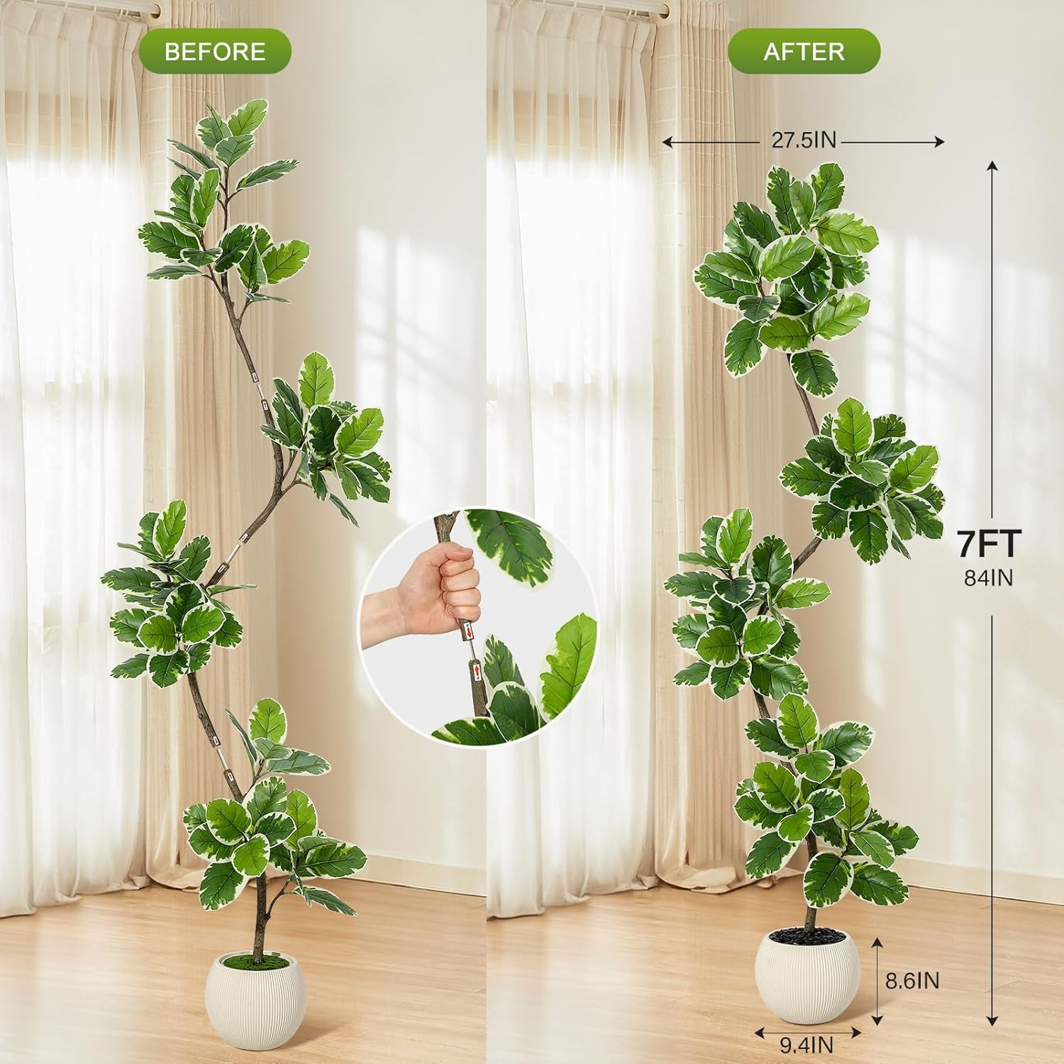 Fiddle Leaf Fig Tree Artificial Indoor, 7 ft Tall Faux Rubber Tree with Sphere Planter, Tall Artificial Plants with Moss for Home Decor Office Living Room