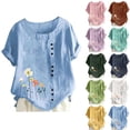 thumbnail image 1 of QATAINLAV Hauts en Coton et Lin pour Femmes 2025 Col Rond Manches Courtes Retroussables T-Shirt Mode Imprimé Floral T-Shirts Décontractés Coupe Ample Blouse Soldes Prime Vert Armée P, 1 of 4