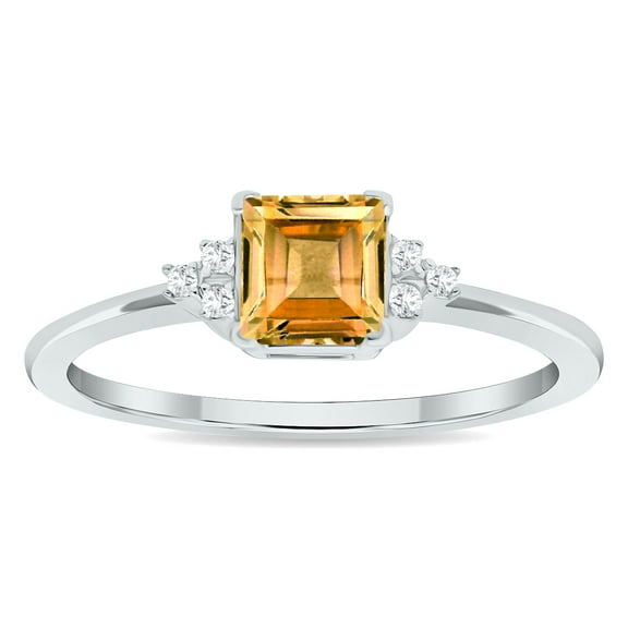 SZUL Women's Princess Cut Citrine and Diamond Half Moon Ring in 10K White Gold