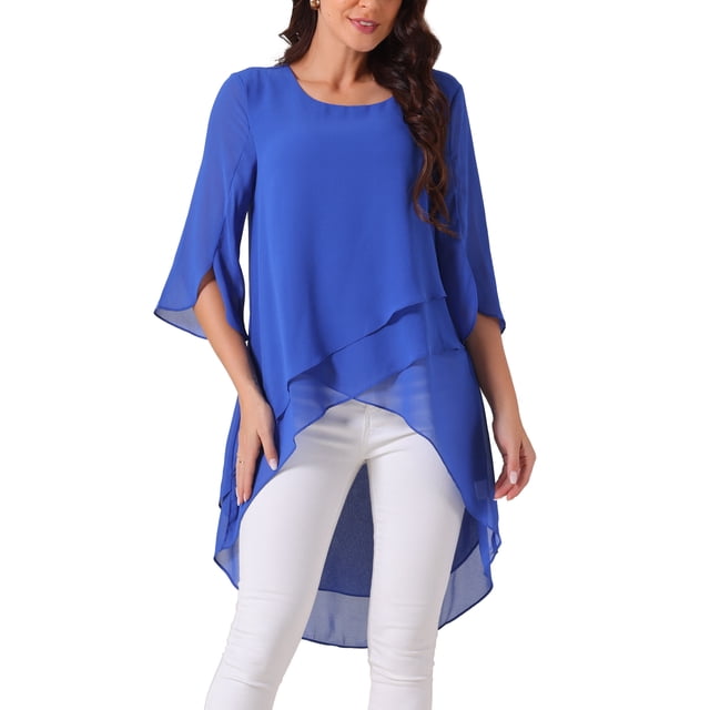 INSPIRAR CHIC Blusa de Chifón Asimétrica de Cuello Redondo con Mangas de 3/4 y Volantes, Alta y Baja, Color Azul Real, Talla S