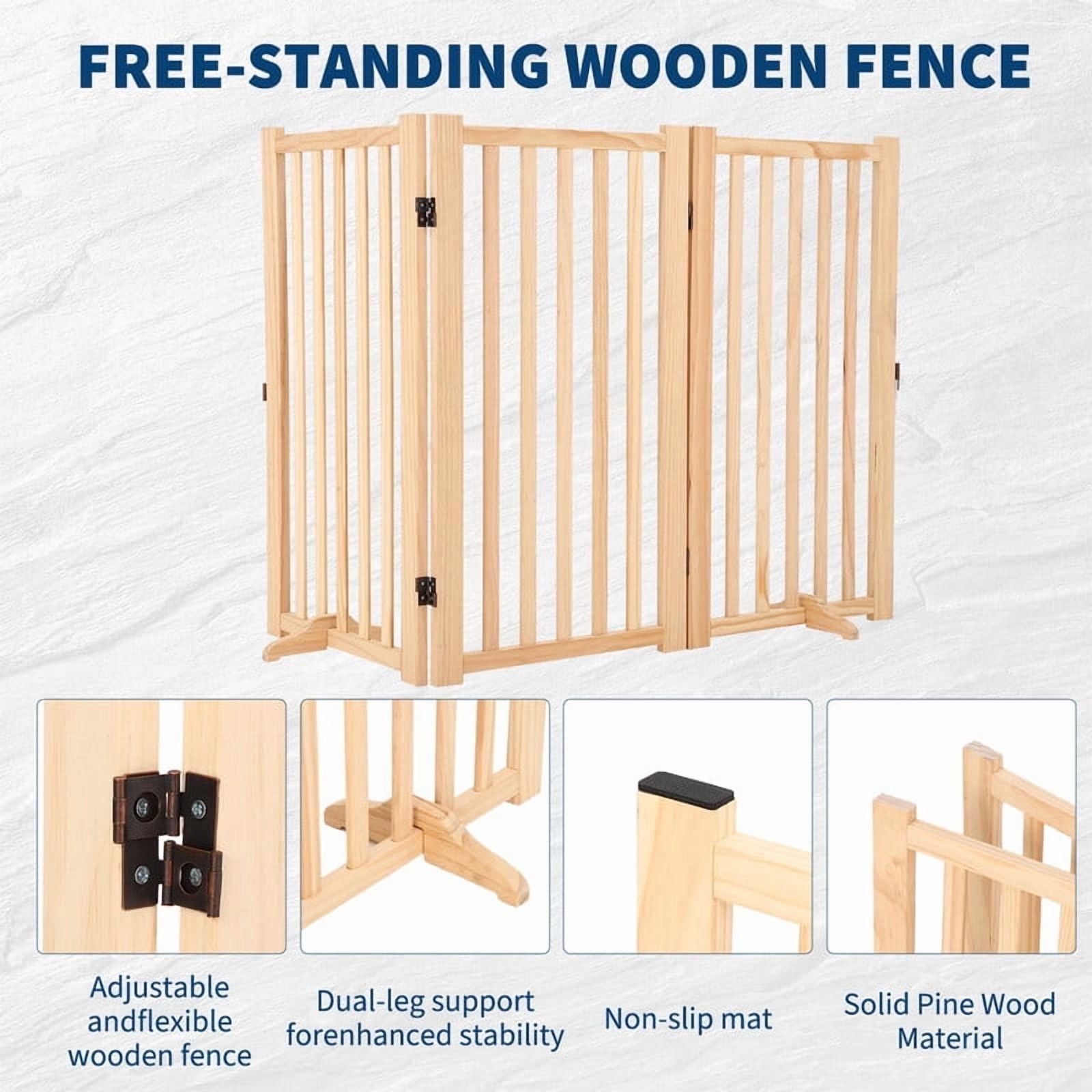 Towallmark 36 Inch Height 3 Panel Pet Gate, Freestanding Wooden Dog Gate, Folding Expandable Safety Barrier with Support Feet, Indoor Pressure Mount for Doorway Stairs Hallway, Solid Hardwood