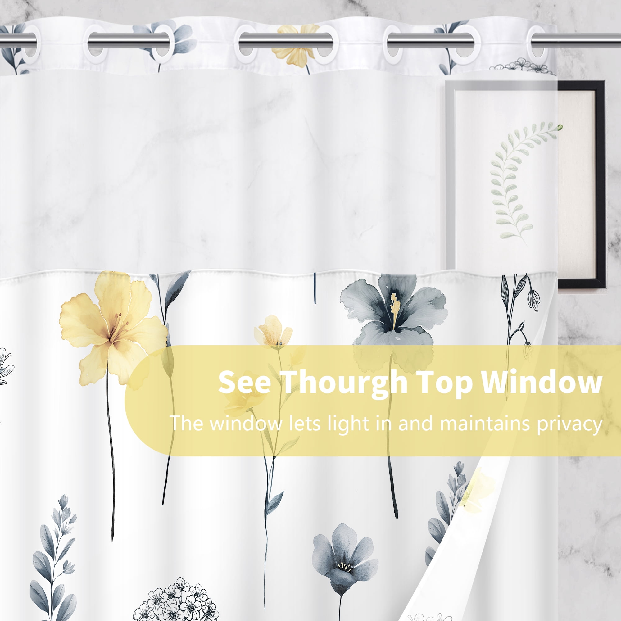 Ikfashoni Hookless Shower Curtain with Snap in Liner, Yellow Watercolor Flowers No Hook Waterproof Bath Curtain, 71"X74"