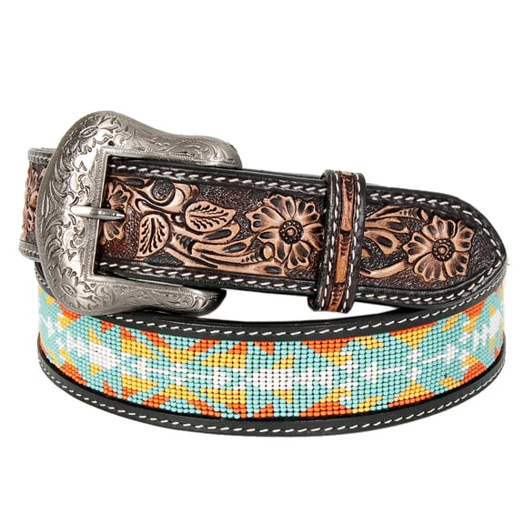 Bar H Equine Hand Carved Western Leather Belt Men Women Beaded EX Large