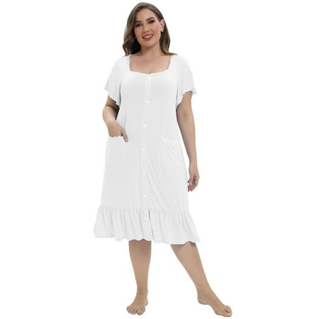 

Women s Plus Size Nightgown Short Sleeve Sleepwear Vintage Nightdress Square Neck Button Ruffle Hem House Dress White 5XL