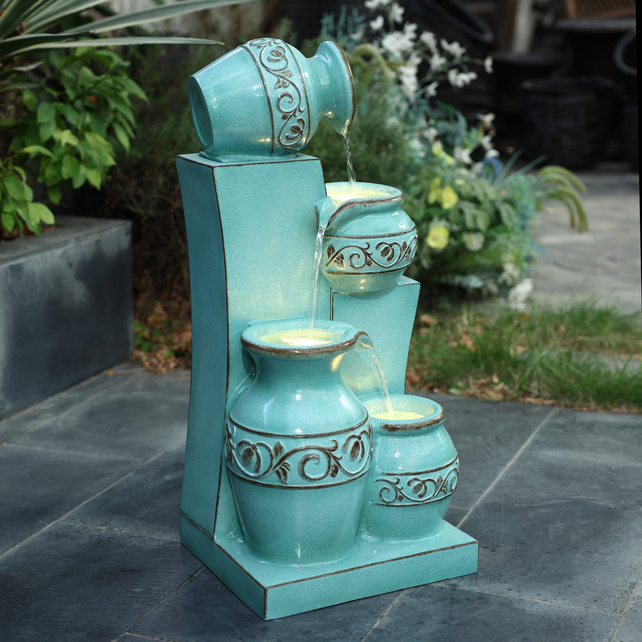LuxenHome Light Blue 4-Tier Ornate Jugs 2.5-Feet Tall Outdoor Polyresin Fountain with Lights