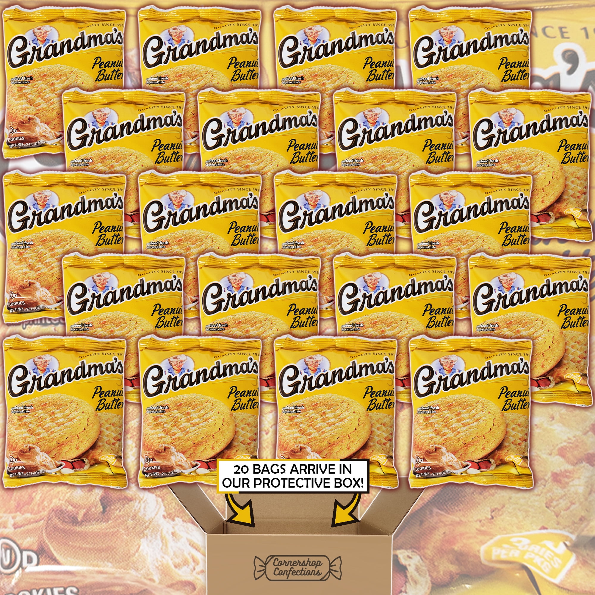 Grandma's Peanut Butter Cookies Bulk Pack - 20 Individually Sealed 2.5 ounce Bags, Each With 2 Large Cookies - For Birthdays, Lunchboxes, Work Snacks, Road Trips in Cornershop Confections Pack