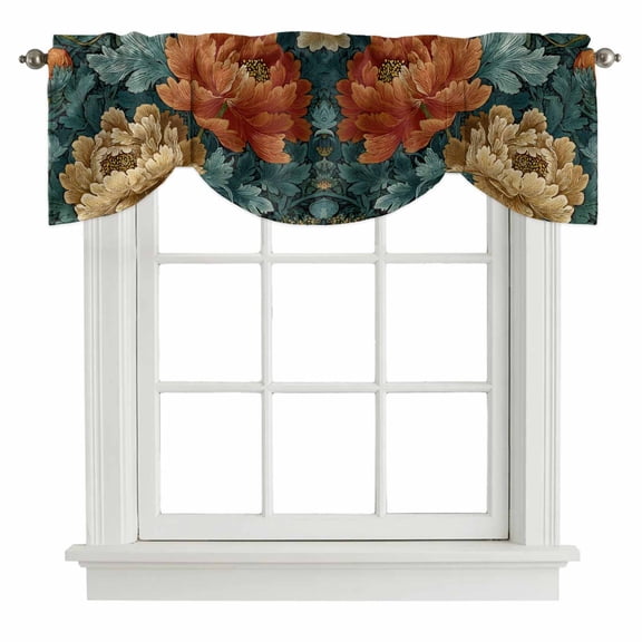 Tie Up Valances for Windows, Vintage Floral Adjustable Valance Curtains Window Treatment for Living Room, Boho Red White Floral Leaves Country Vintage Rod Pocket Kitchen Curtains & Drapes 42x18 Inch