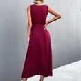 thumbnail image 3 of Vestido largo de verano para mujer, sin mangas, cuello en V profundo, color liso, cintura alta, abertura lateral, vestido maxi informal con cinturón, rojo vino S, 3 of 5