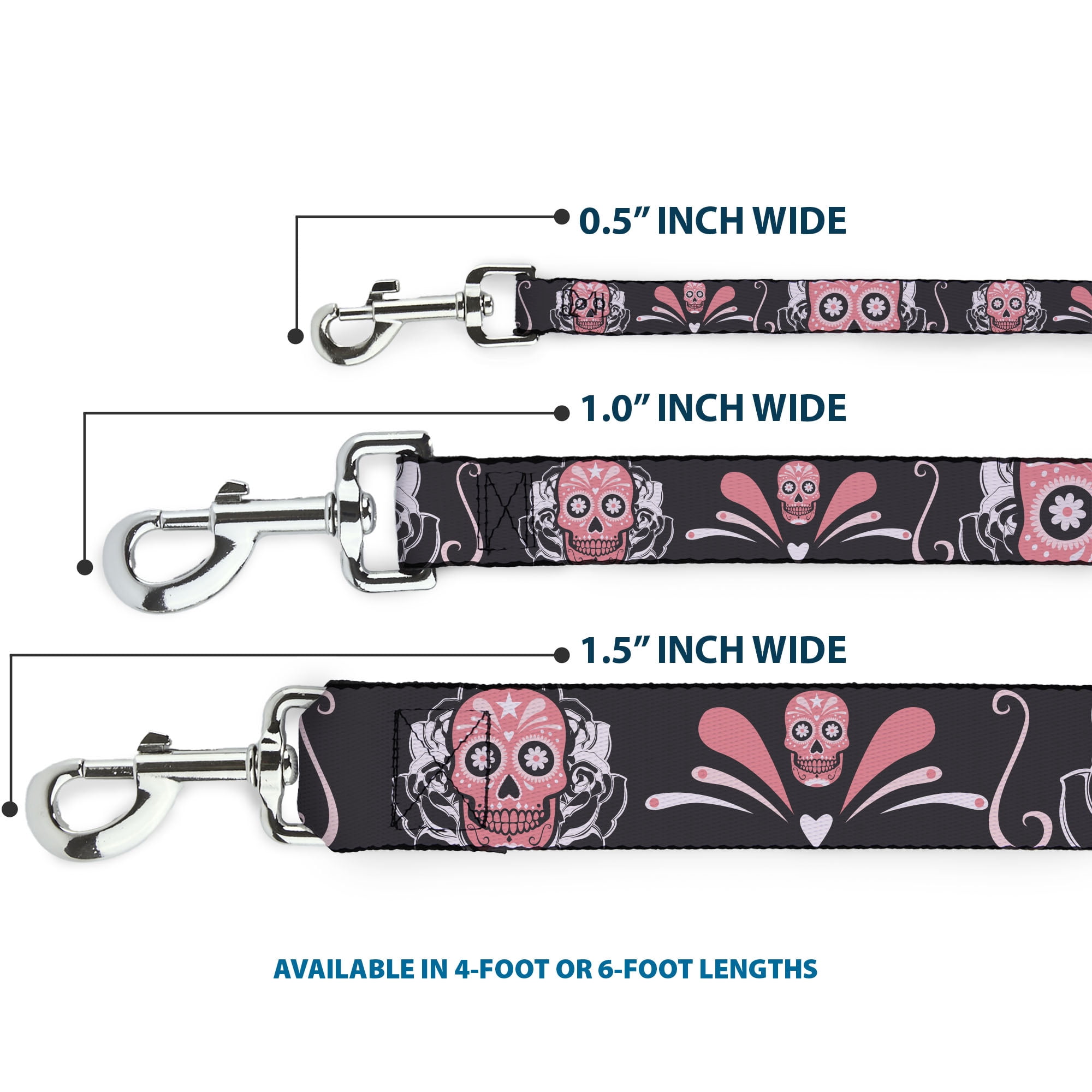 Buckle-Down Pet Leash, Dog Leash, Sugar Skulls Gray Pink, 6 Feet Long 1.0 Inch Wide