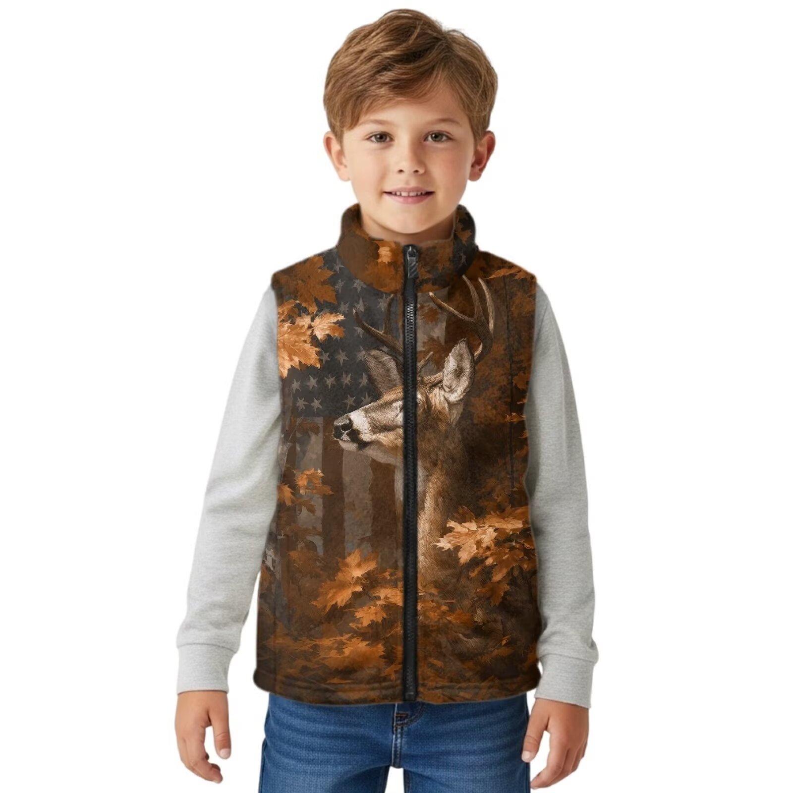 Uorisanigo Unisex Kids Fleece Vest with Pockets Lightweight Full Zip Sleeveless Vest Soft and Comfortable Outwear American Flag Camo Deer Hunting Jacket Fall Winter Warm Outwear