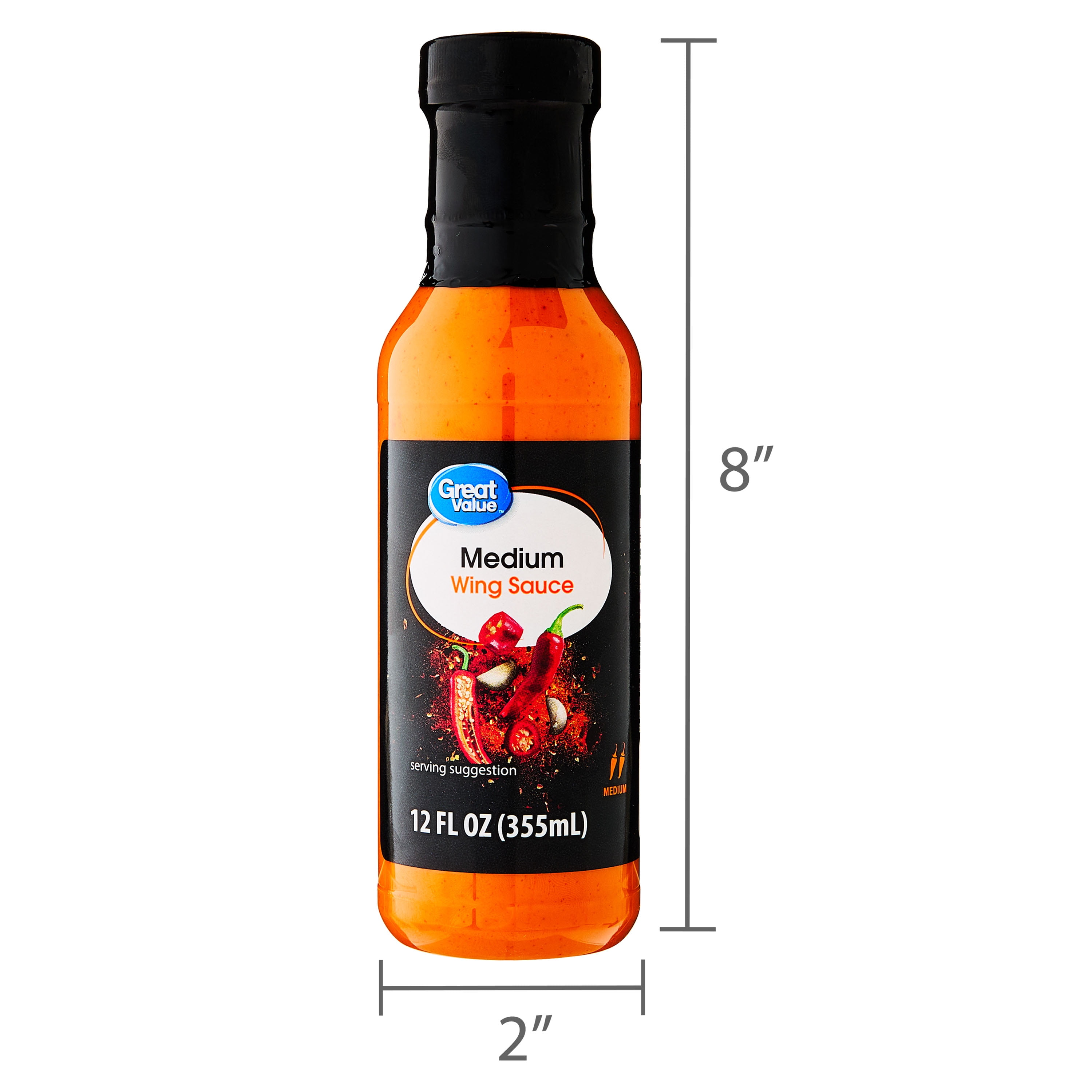 Great Value Medium Wing Sauce 12 fl oz with cayenne pepper vinegar